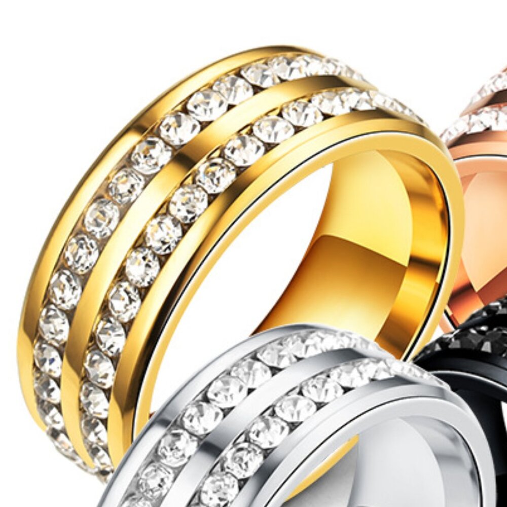3/$35 Double Row Gold Tone Stainless Steel Band Ring Diamond Zirconia Gemstones